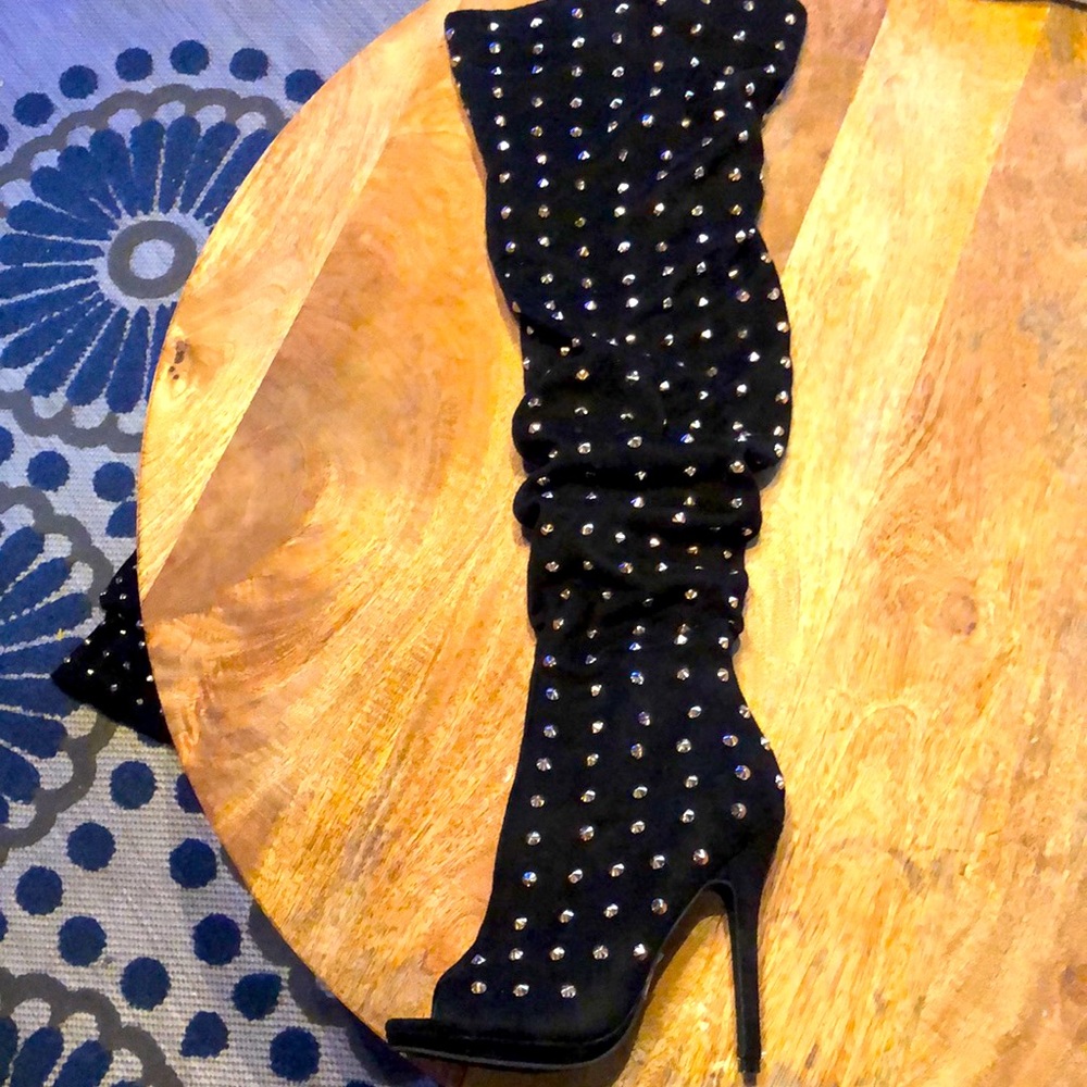 Black with gold spikes Thigh High Peep Toe Boots